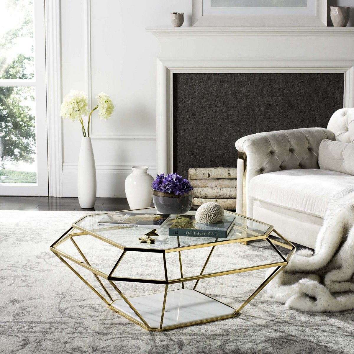 Fashionable Geometric Glass Top Gold Coffee Tables Throughout Contemporary Geometric Marble Metal Coffee Table – Safavieh (View 6 of 20)