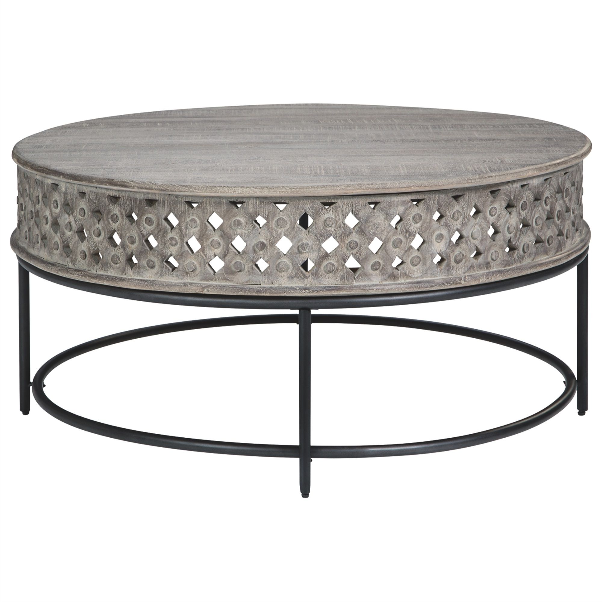 Fashionable Gray Wood Veneer Cocktail Tables Throughout Wooden Round Cocktail Table With Hand Carved Lattice (View 16 of 20)