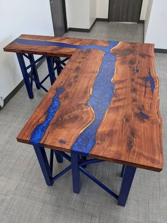 Fashionable L Shaped Coffee Tables Intended For L Shape Desk – Cedar Resin River Desktop, Live Edge, Epoxy (Gallery 4 of 20)