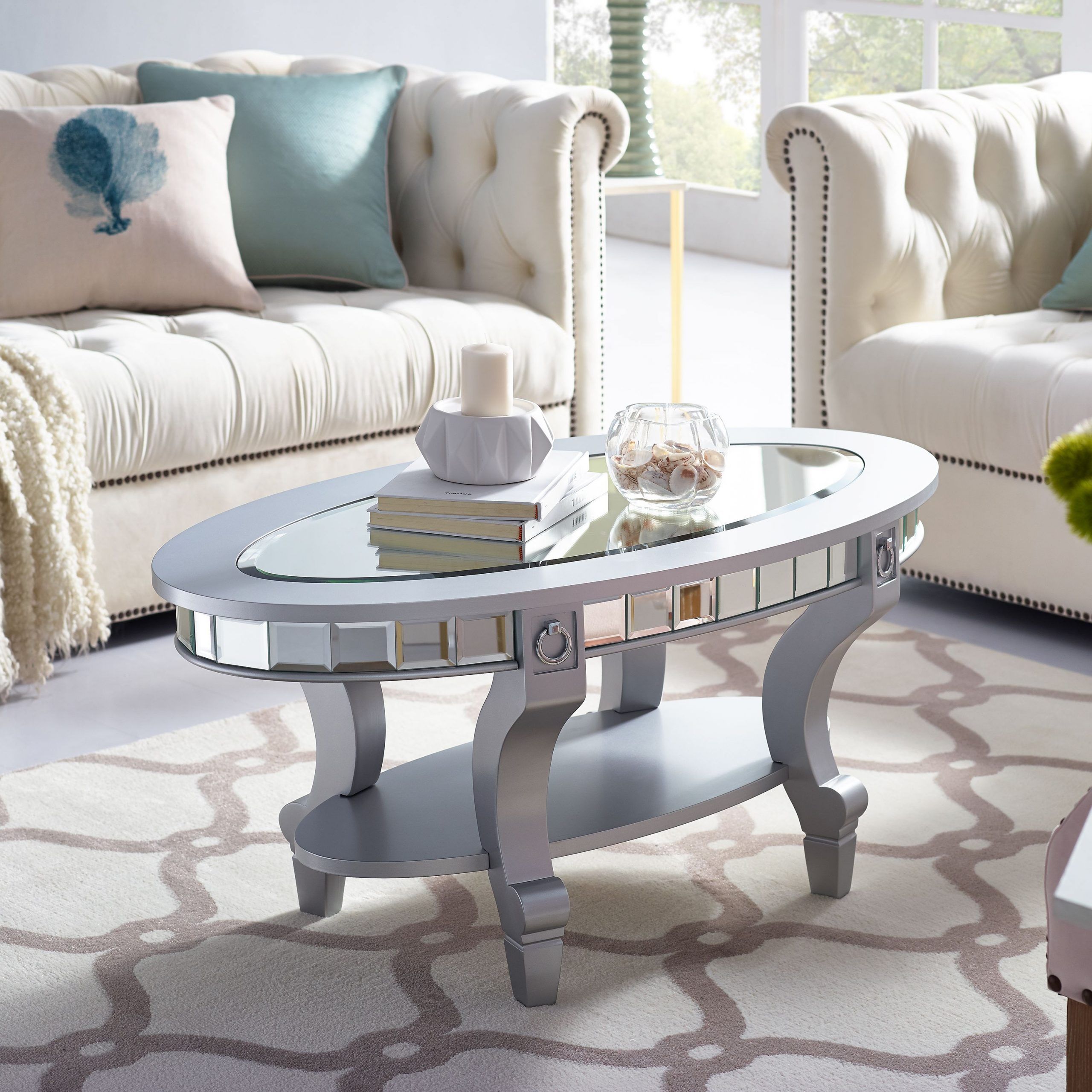 Favorite Mirrored And Silver Cocktail Tables Pertaining To Linny Oval Silver Mirrored Coffee Table, Glam, Matte (View 7 of 20)