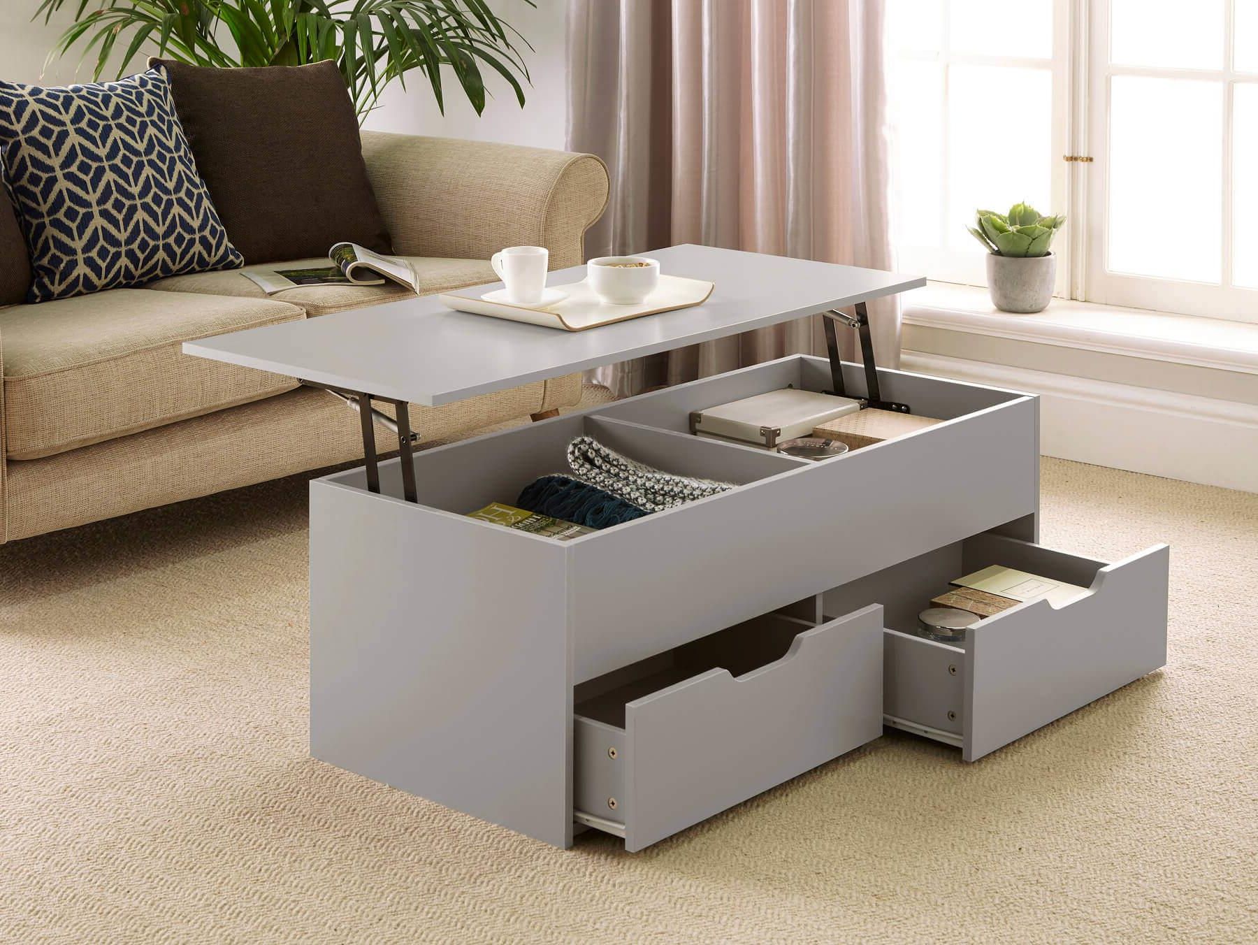 Grey Wooden Coffee Table With Lift Up Top And 2 Large Inside Latest Smoke Gray Wood Coffee Tables (View 6 of 20)