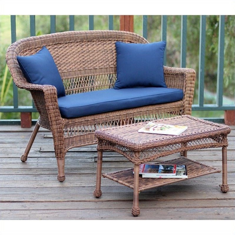 Jeco Wicker Patio Love Seat And Coffee Table Set In Honey With Regard To Best And Newest Black And Tan Rattan Coffee Tables (View 7 of 20)