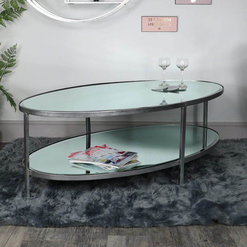 Large Antique Silver Oval Mirrored Coffee Table – Melody Regarding Well Known Antique Silver Metal Coffee Tables (View 8 of 20)