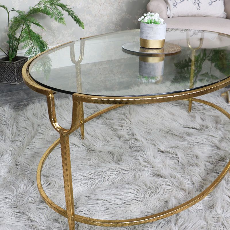 Large Gold Oval Glass Topped Coffee Table In Most Recent Glass And Pewter Oval Coffee Tables (View 5 of 20)