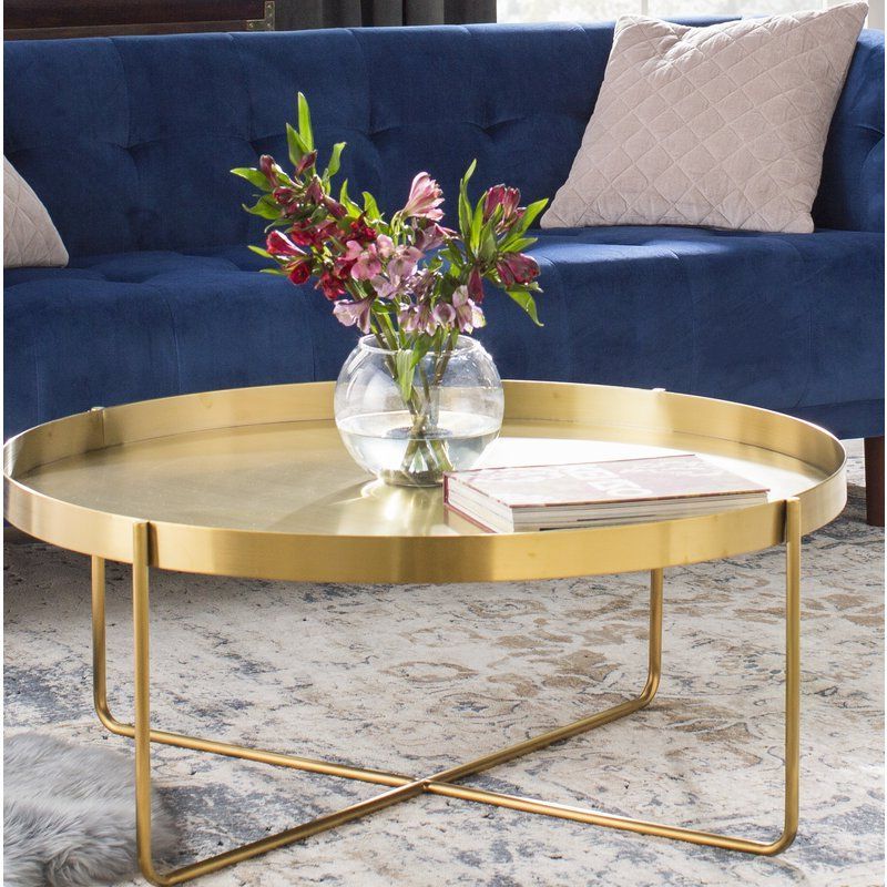 Latest Antique Brass Aluminum Round Coffee Tables With Regard To Massenburg Cross Legs Coffee Table With Tray Top (View 5 of 20)