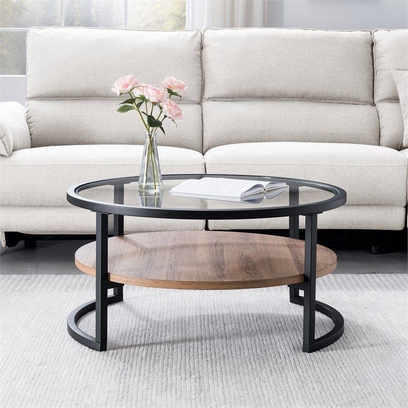 Latest Black And Oak Brown Coffee Tables Within Henn&hart Black And Bronze Round Metal Coffee Table With (Gallery 7 of 20)