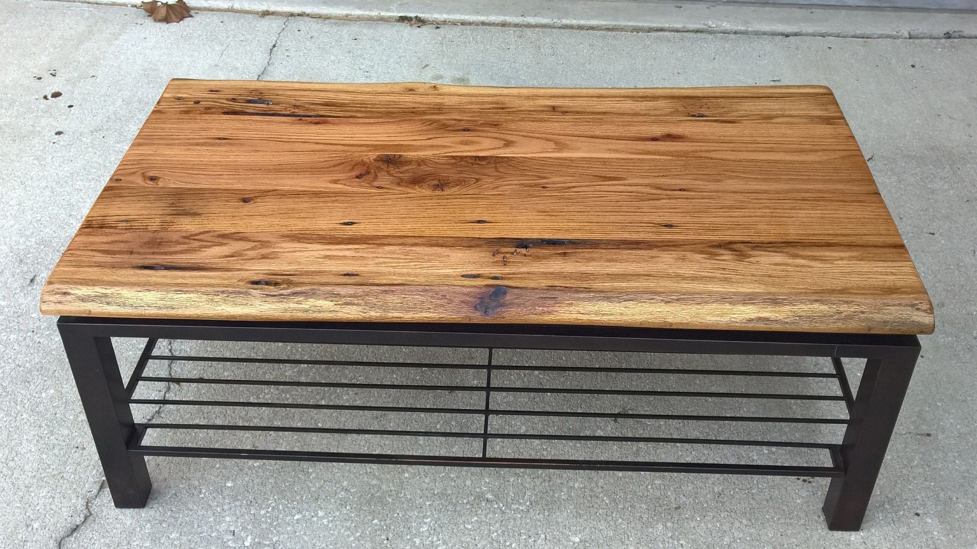 Live Edge Oak Coffee Table With Anodized Bronze Steel Base Inside Popular Metal And Oak Coffee Tables (View 10 of 20)