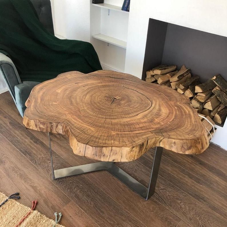 Live Edge Round Coffee Table With Steal Legs Walnut Coffee Intended For Best And Newest Metal Legs And Oak Top Round Coffee Tables (View 6 of 20)