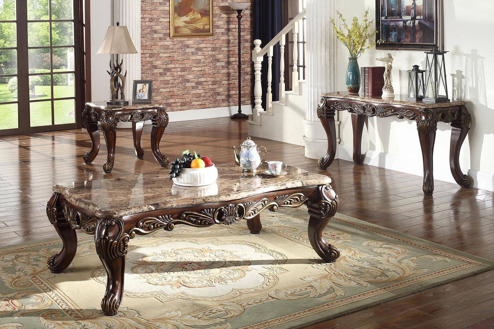 Mcferran T5190 Traditional Marble Top Cherry Finish Coffee For Most Current Marble Top Coffee Tables (View 6 of 20)