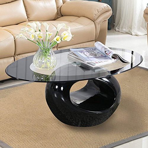 Mecor Black Oval Glass Coffee Table With Round Hollow Base With 2019 Glass And Pewter Coffee Tables (View 11 of 20)