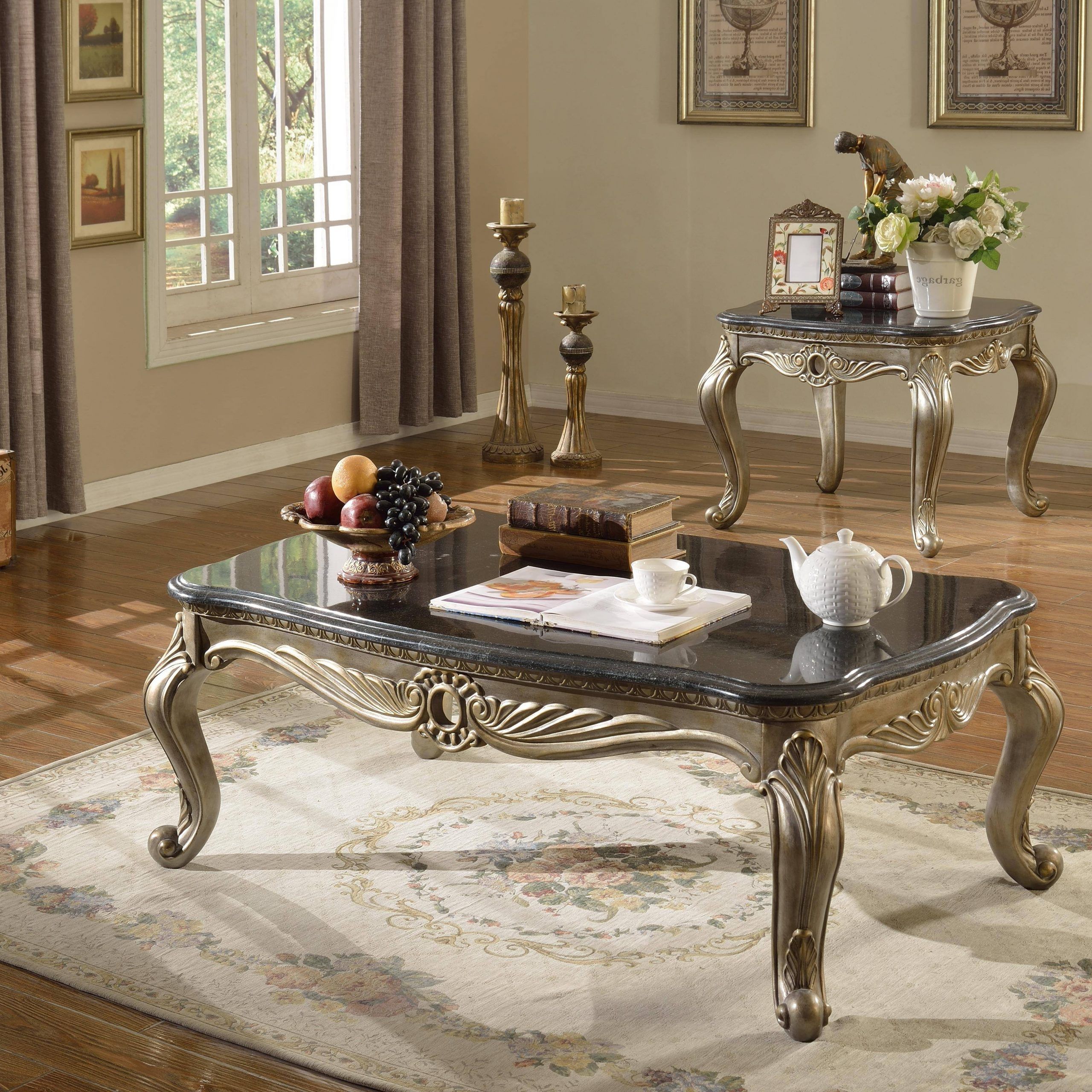 Meridian Roma Coffee Table Set 3pcs In Antique Silver Within Popular Antique Silver Metal Coffee Tables (View 2 of 20)