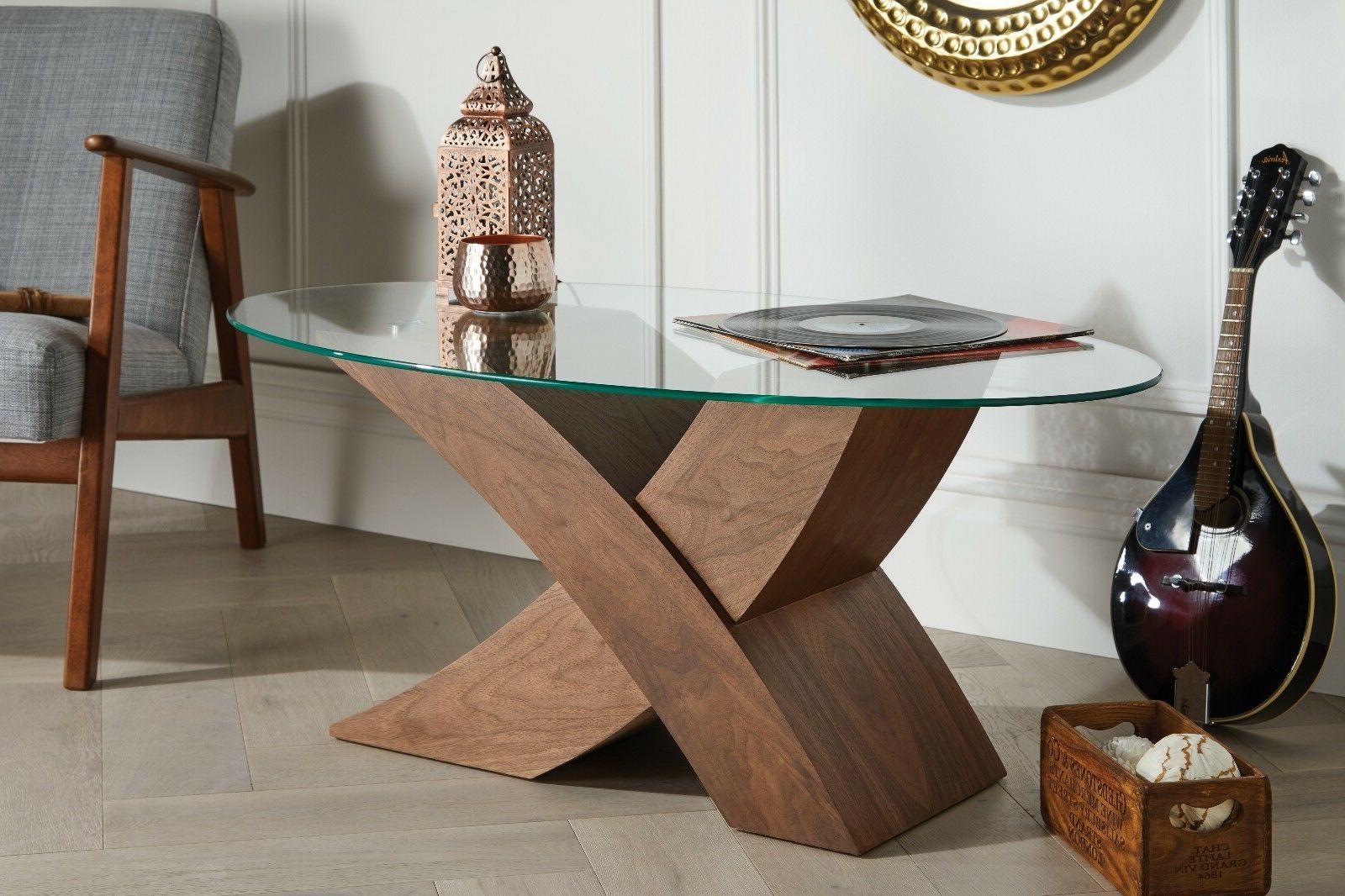 Milano Designer Oval "x" Brown Wood Veneer & Glass Coffee Within Best And Newest Wood Veneer Coffee Tables (View 5 of 20)