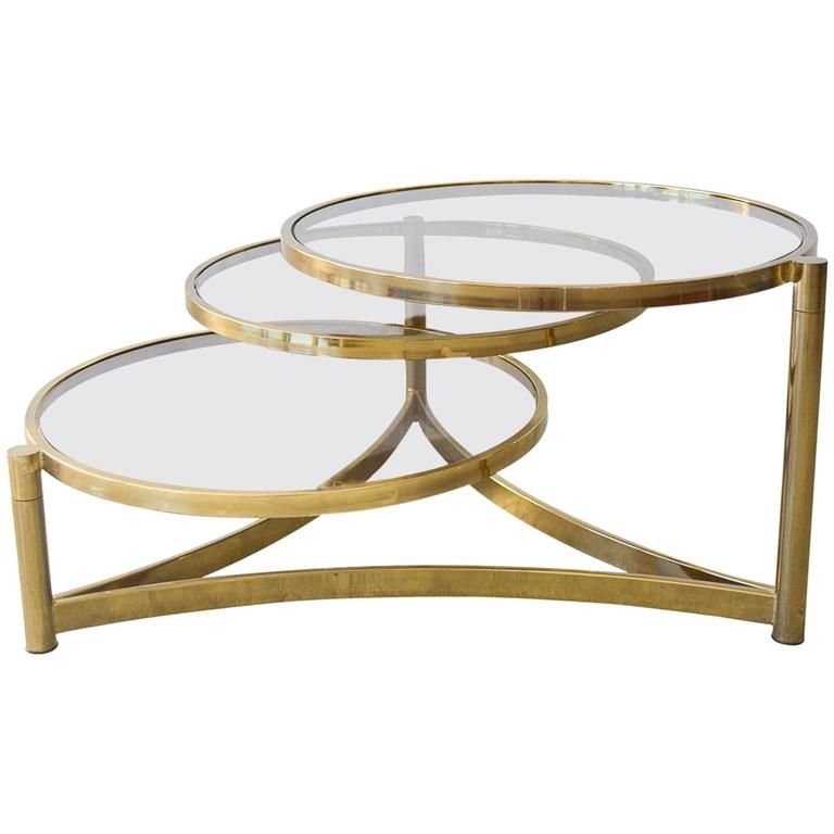 Milo Baughman Tri Level Brass And Glass Swivel Coffee Pertaining To Well Known Brass Smoked Glass Cocktail Tables (Gallery 9 of 20)