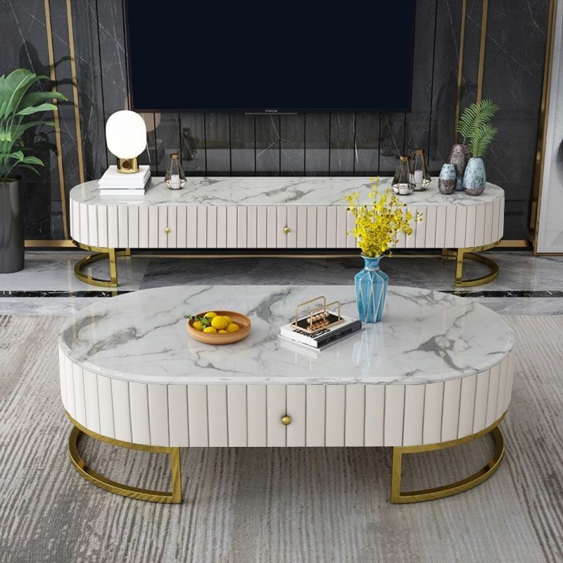 Modern 47" Oval Faux Marble Coffee Table Leather Coffee With Regard To Trendy Black Metal And Marble Coffee Tables (View 7 of 20)