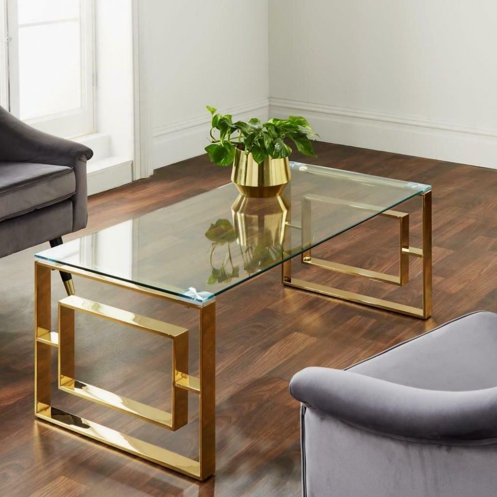 Modern Gold Stainless Steel Metal Clear Glass Top Coffee For Recent Glass And Pewter Coffee Tables (Gallery 20 of 20)