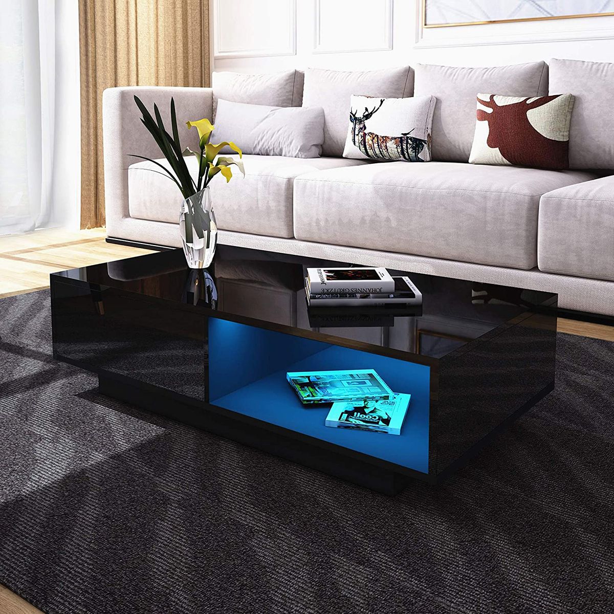 Modern High Gloss Coffee Table With Drawers, Led Sofa Side In Latest Aged Black Coffee Tables (View 17 of 20)