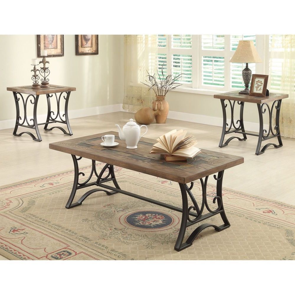 Most Current 3 Piece Coffee Tables For Coffee Table Set 3 Piece Rustic Wood Metal 2 End Tables (Gallery 19 of 20)