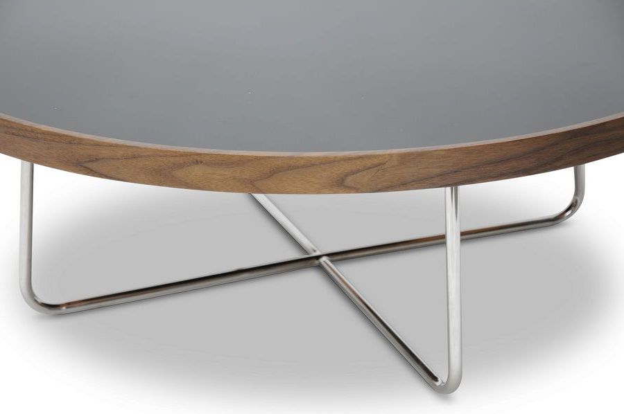 Most Current Black Round Glass Top Cocktail Tables Pertaining To Lomax Round Walnut Modern Coffee Table With Black Glass (Gallery 9 of 20)