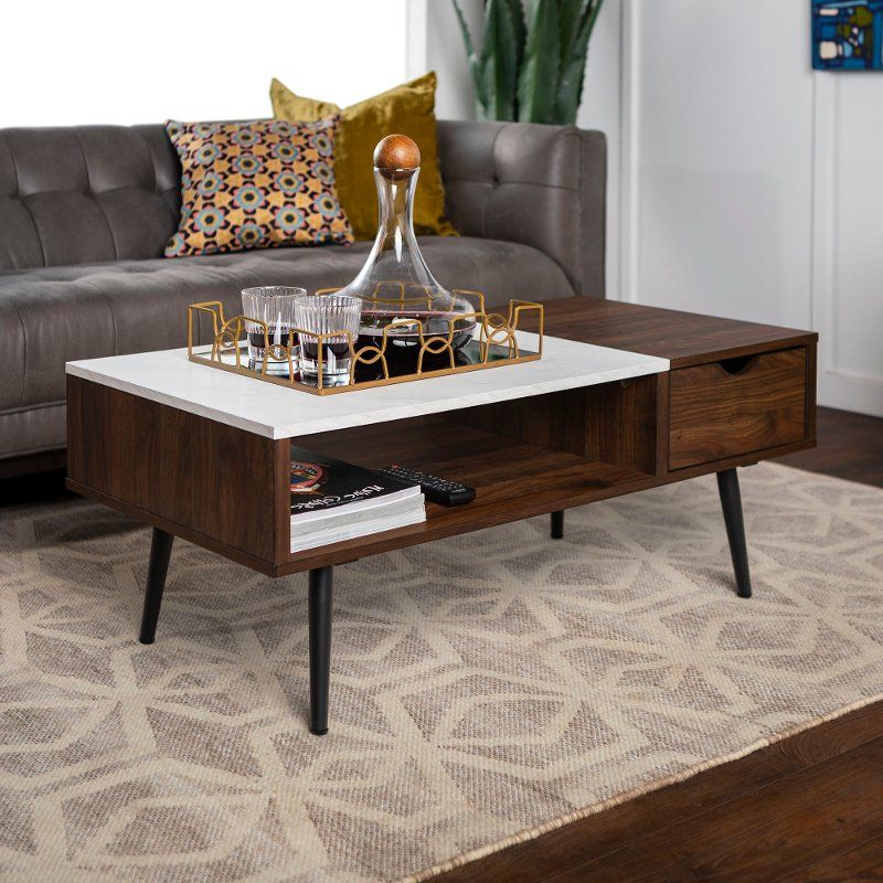 Most Current Faux Marble Coffee Tables Within Mid Century Modern Faux Marble Coffee Table – Dark Walnut (View 6 of 20)