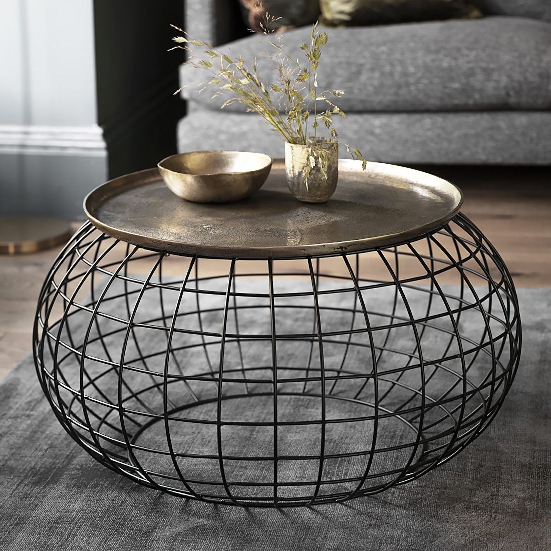 Most Popular Antique Brass Aluminum Round Coffee Tables Inside Round Metal Cage Coffee Table With Gold Tray Top (Gallery 14 of 20)