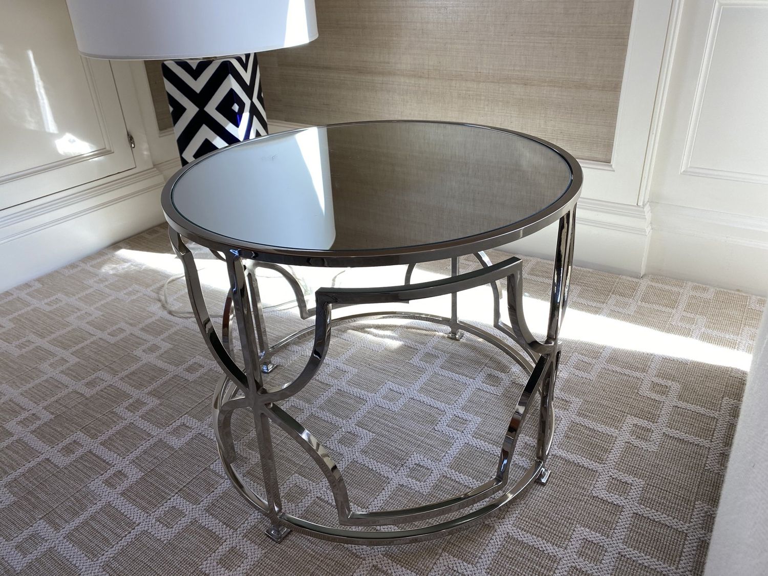 Most Popular Polished Chrome Round Cocktail Tables Pertaining To Worlds Away Round Polished Chrome Side Table With Mirrored (View 2 of 20)