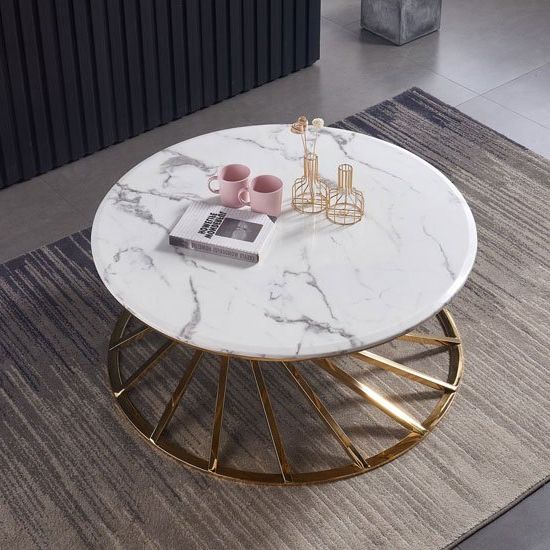 Most Popular White Marble Gold Metal Coffee Tables With Romani White Grey Marble Coffee Table With Gold Steel Base (Gallery 19 of 20)
