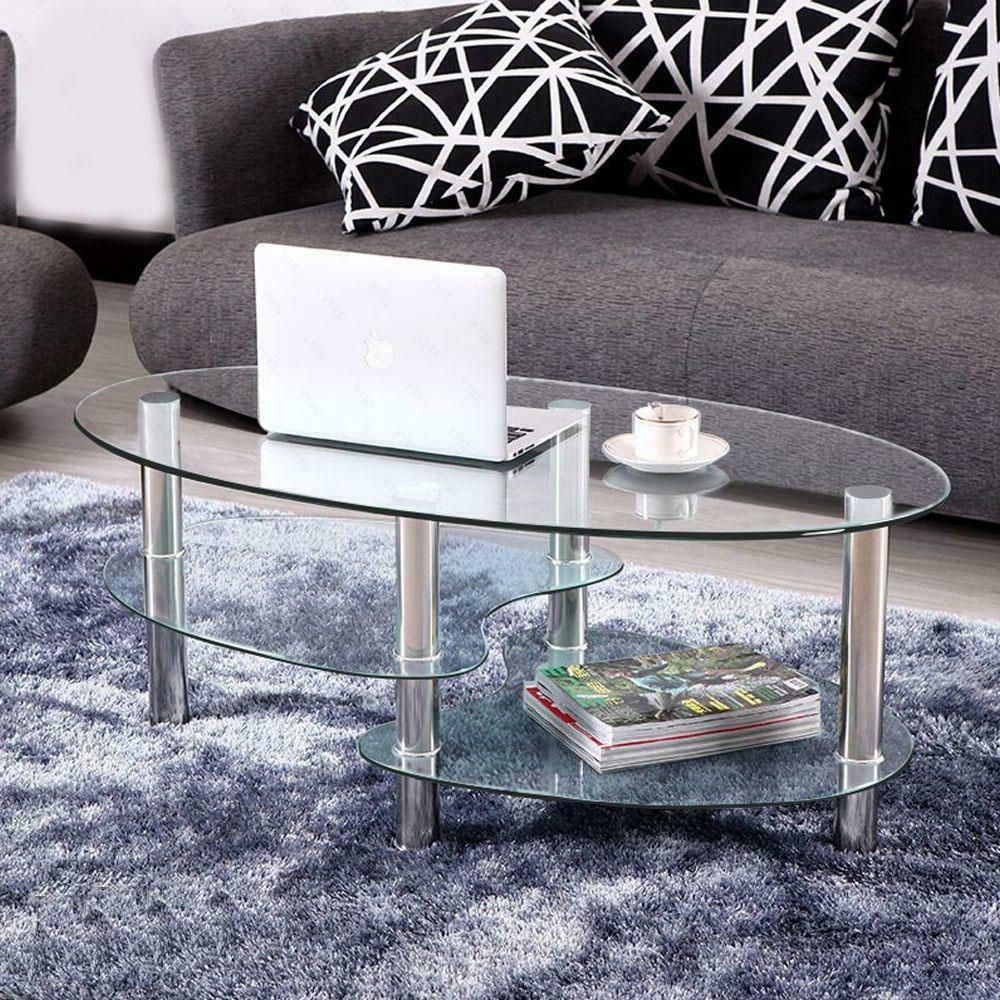 Most Recent Glass And Pewter Oval Coffee Tables Intended For Tempered Glass Oval Side Coffee Table Shelf Chrome Living (View 2 of 20)