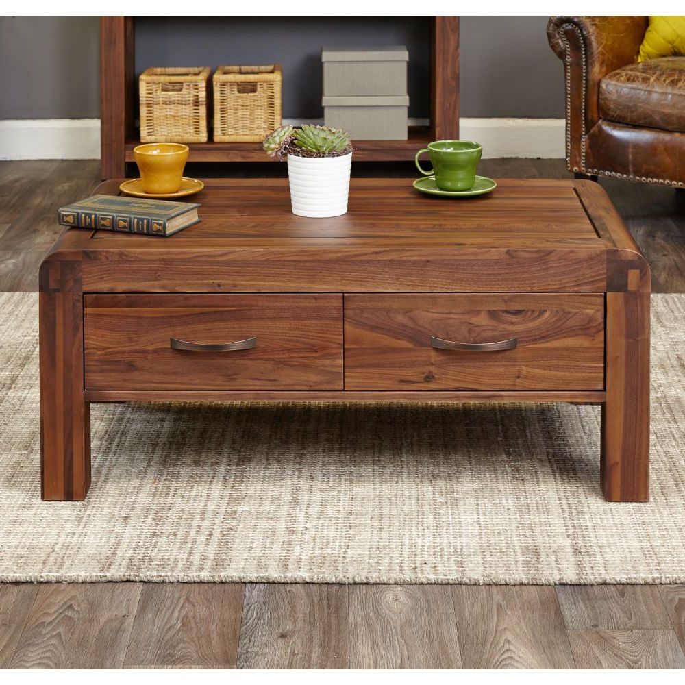Most Recent Walnut And Gold Rectangular Coffee Tables Throughout Shiro Solid Walnut Furniture Four Drawer Storage Coffee Table (Gallery 10 of 20)