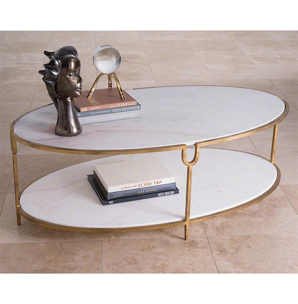Most Recent White Marble Gold Metal Coffee Tables Within Katherine Hollywood Regency Ivory Stone Oval Coffee Table (View 12 of 20)