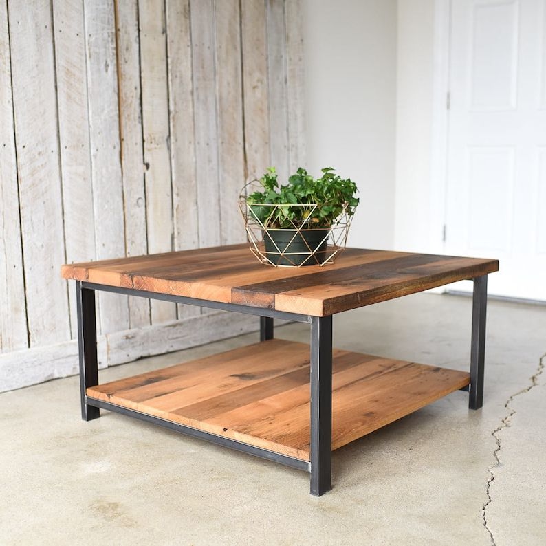 Most Recently Released 1 Shelf Square Coffee Tables In Square Oak Coffee Table / Rustic Reclaimed Wood And Steel (View 12 of 20)