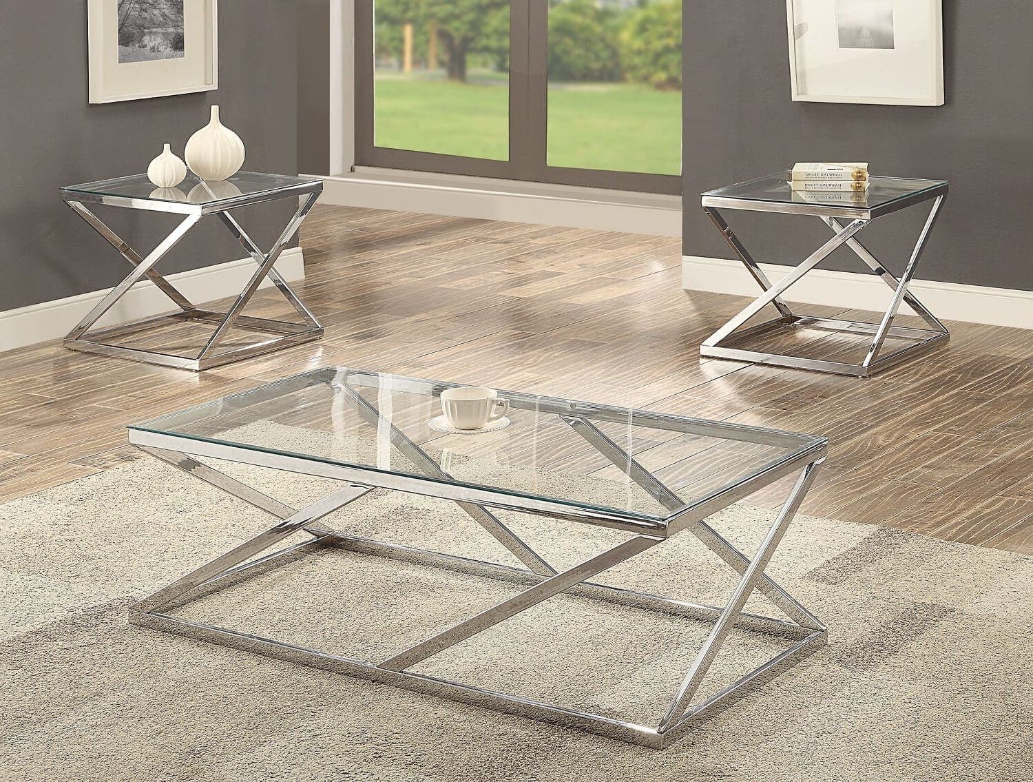 Most Recently Released Chrome And Glass Modern Coffee Tables Regarding Modern 3 Pc Chrome & Glass Coffee Table Set – Omgaudy (View 4 of 20)