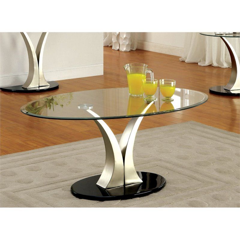 Most Recently Released Glass And Pewter Oval Coffee Tables Within Bowery Hill Oval Glass Top Coffee Table In Satin (View 11 of 20)