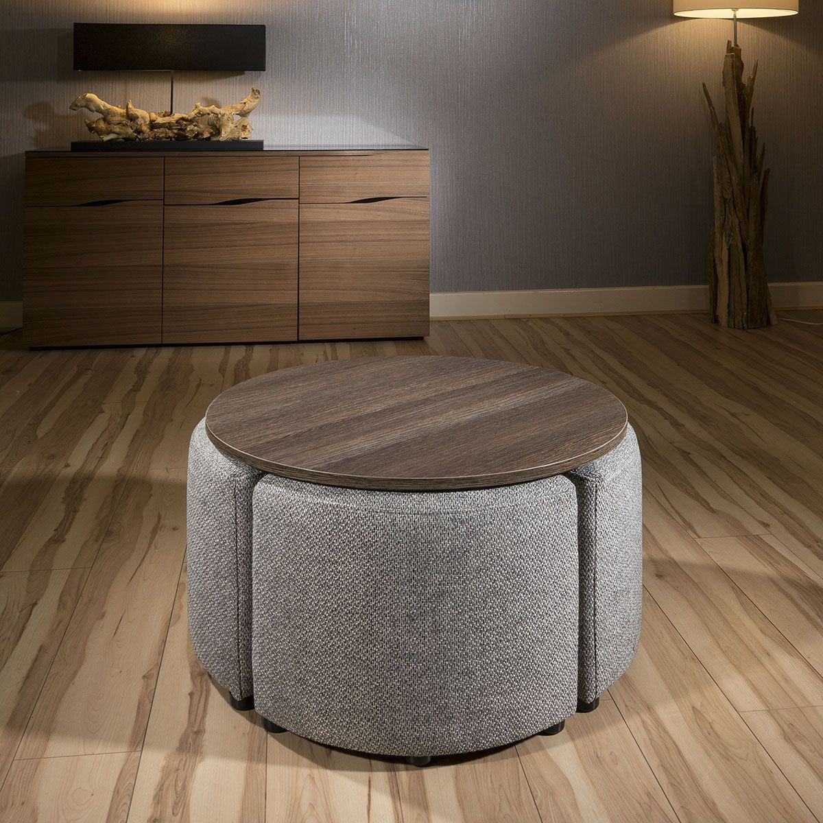 Most Recently Released Gray Wood Black Steel Coffee Tables Inside Modern Wenge Round Coffee Table With 4 Grey Cushioned (View 12 of 15)