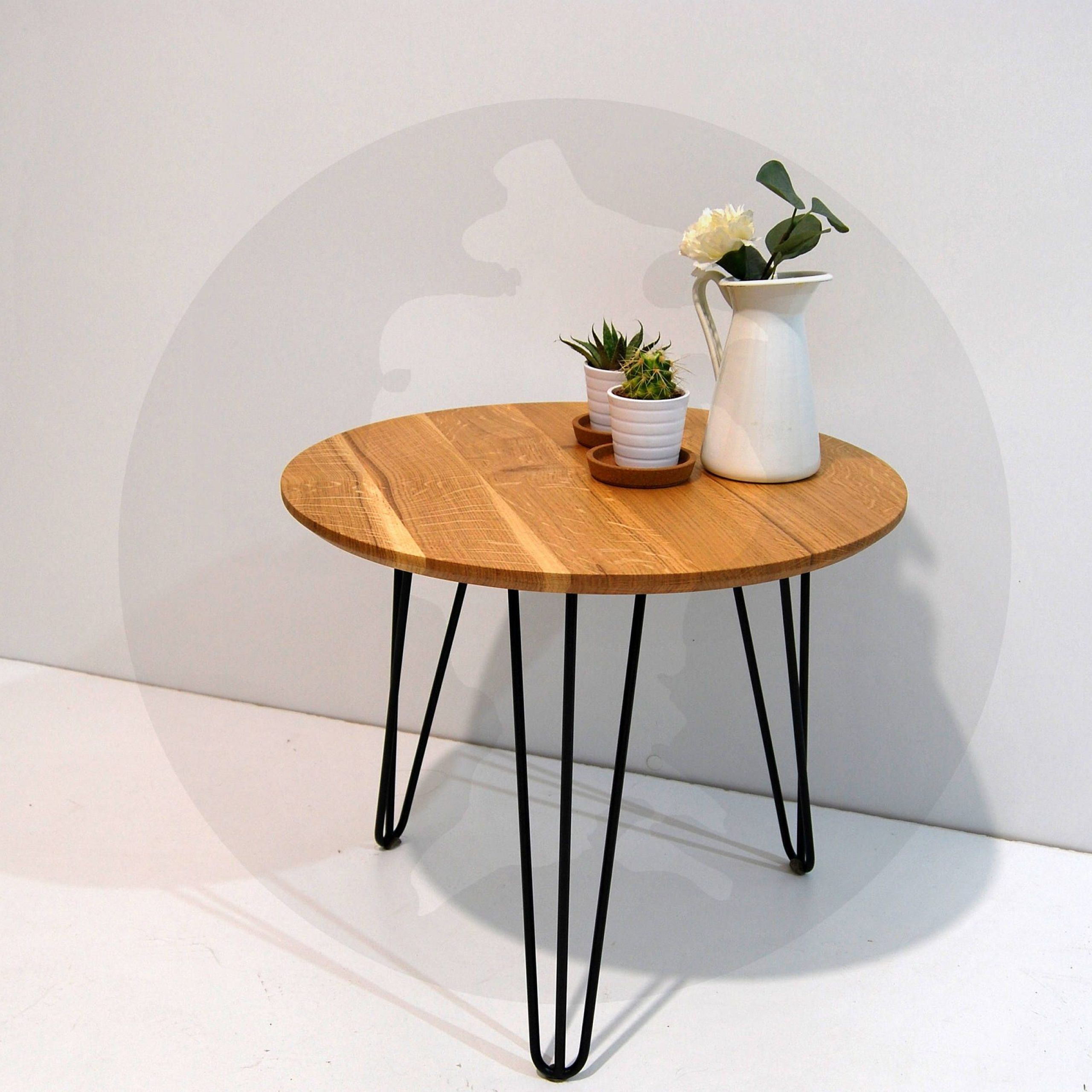 Most Recently Released Metal Legs And Oak Top Round Coffee Tables Inside Solid Oak Round Side Table With Hairpin Metal Black Legs (View 7 of 20)