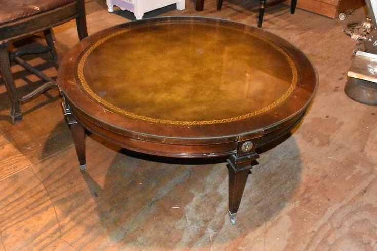Most Up To Date Antique Blue Gold Coffee Tables Within Antique Mahogany Round Leather & Glass Top Coffee Table (View 16 of 20)