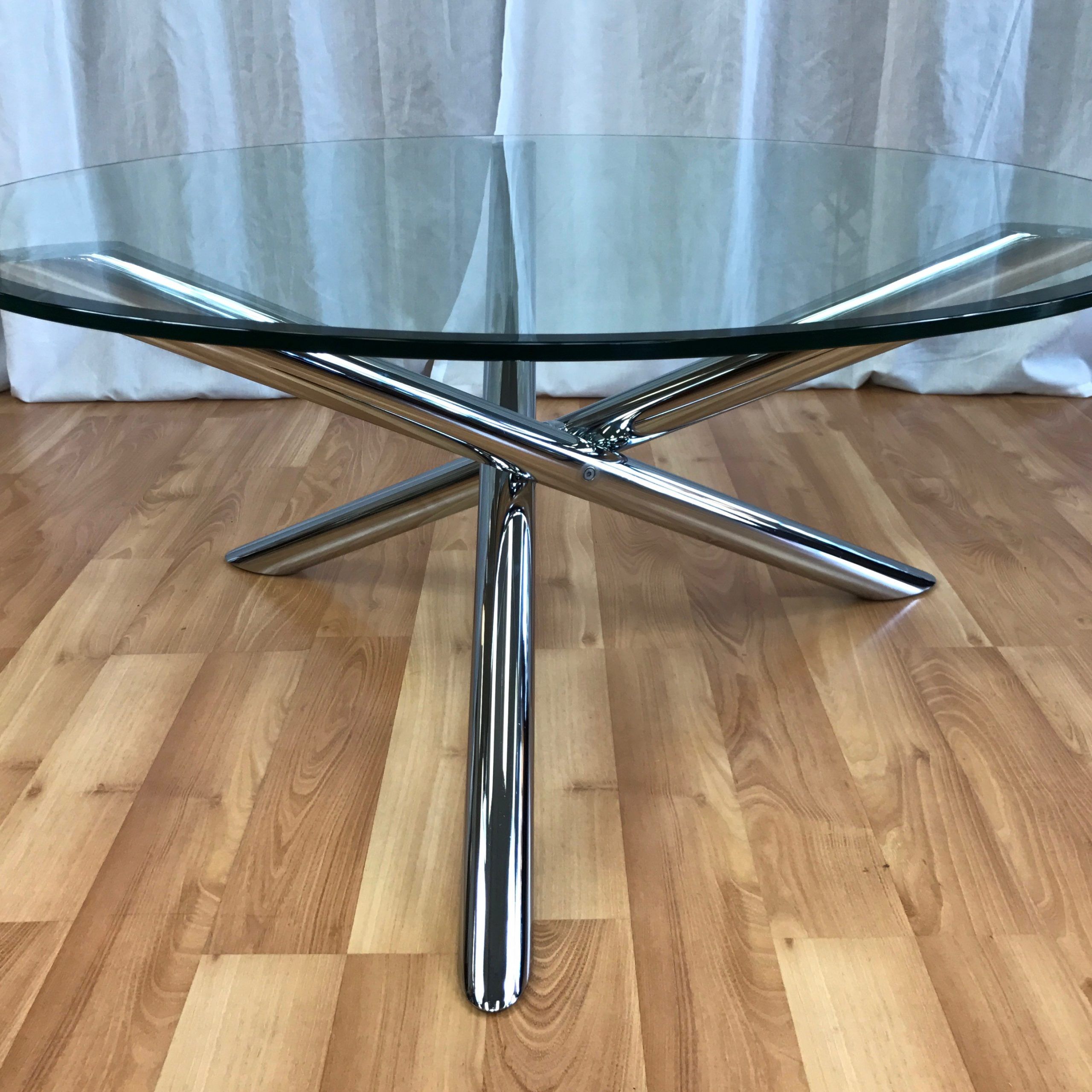 Most Up To Date Chrome And Glass Modern Coffee Tables Within Vintage Chrome Star Base Round Glass Coffee Table ***sold (View 12 of 20)