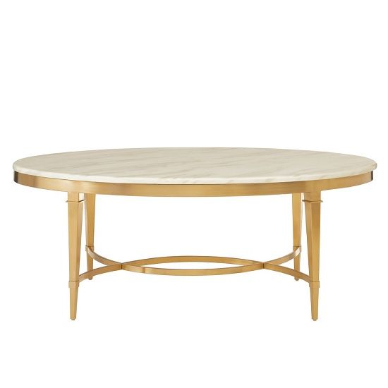 Most Up To Date Glass And Gold Oval Coffee Tables Within Melville Marble Coffee Table Oval In White With Gold (View 18 of 20)