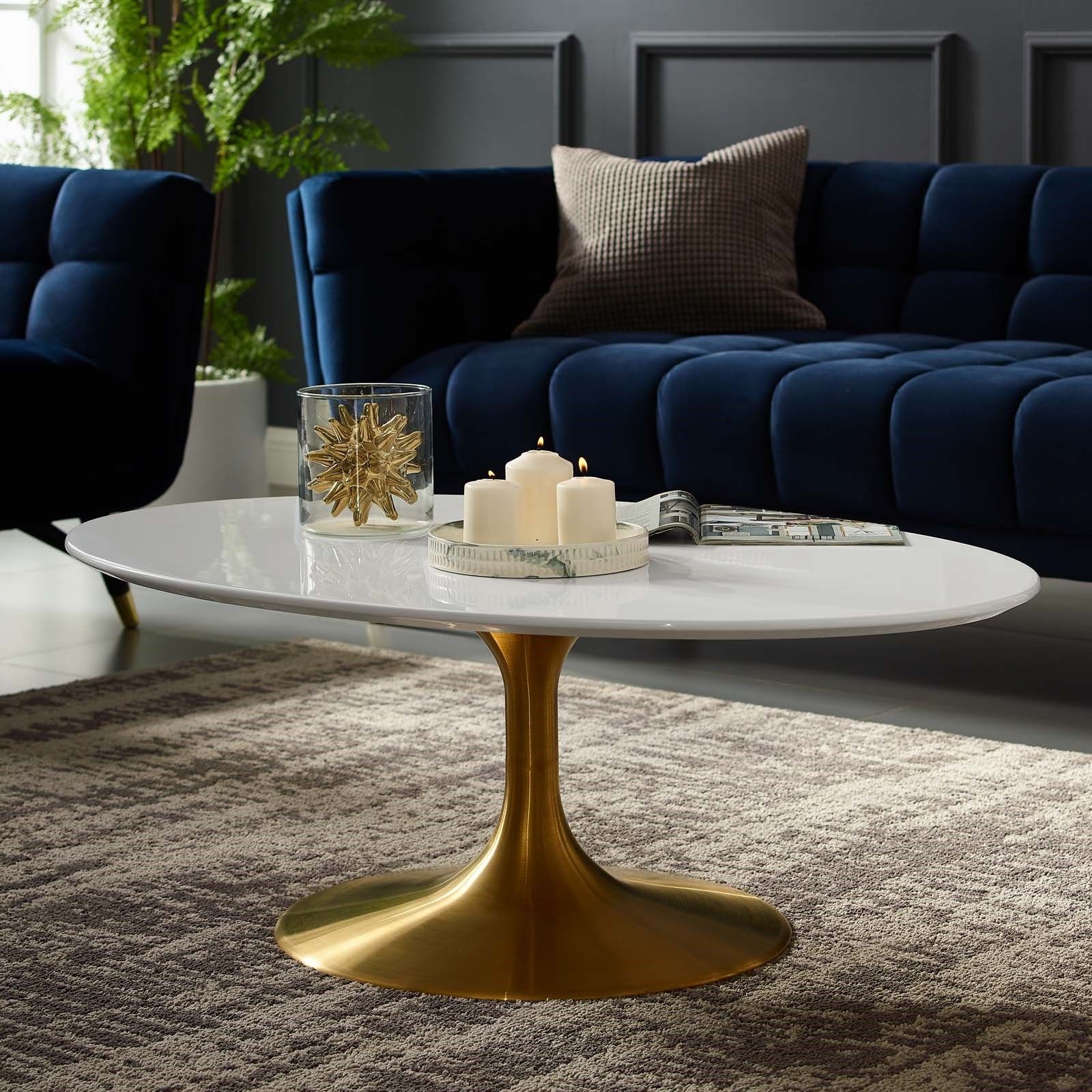 Most Up To Date Gold Coffee Tables Pertaining To Lippa 42" Oval Shaped Wood Top Coffee Table In Gold White (View 2 of 20)