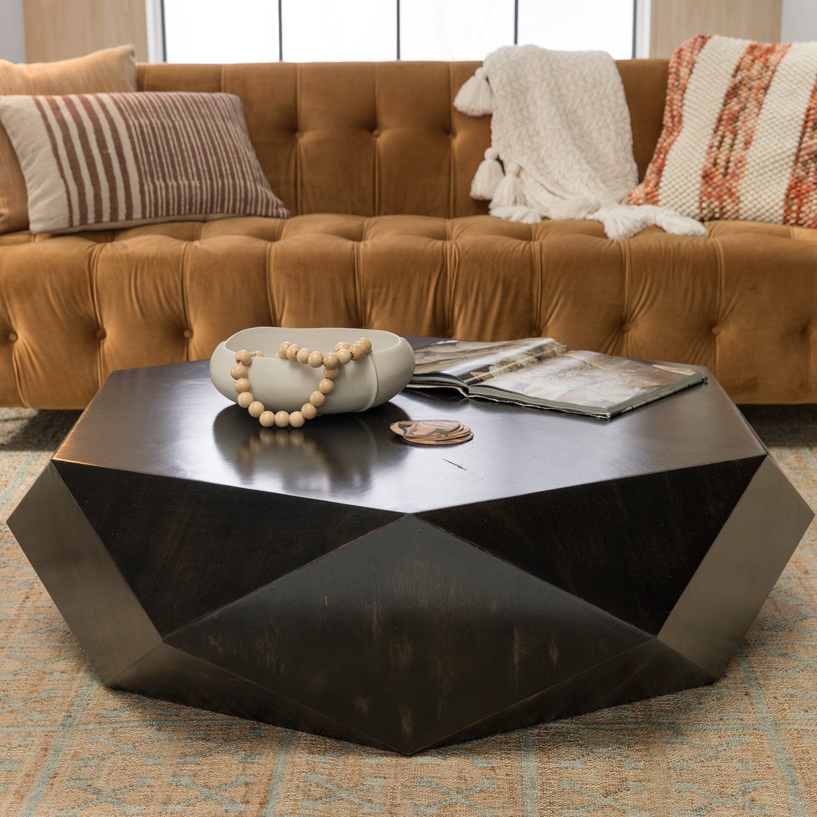 Most Up To Date Wood Veneer Coffee Tables Pertaining To Faceted Large Geometric Coffee Table Round Black Wood (View 14 of 20)