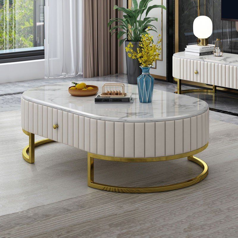 Newest Black And Gold Coffee Tables With Regard To Luxury Modern 47" Oval Faux Marble Coffee Table Leather (View 12 of 20)