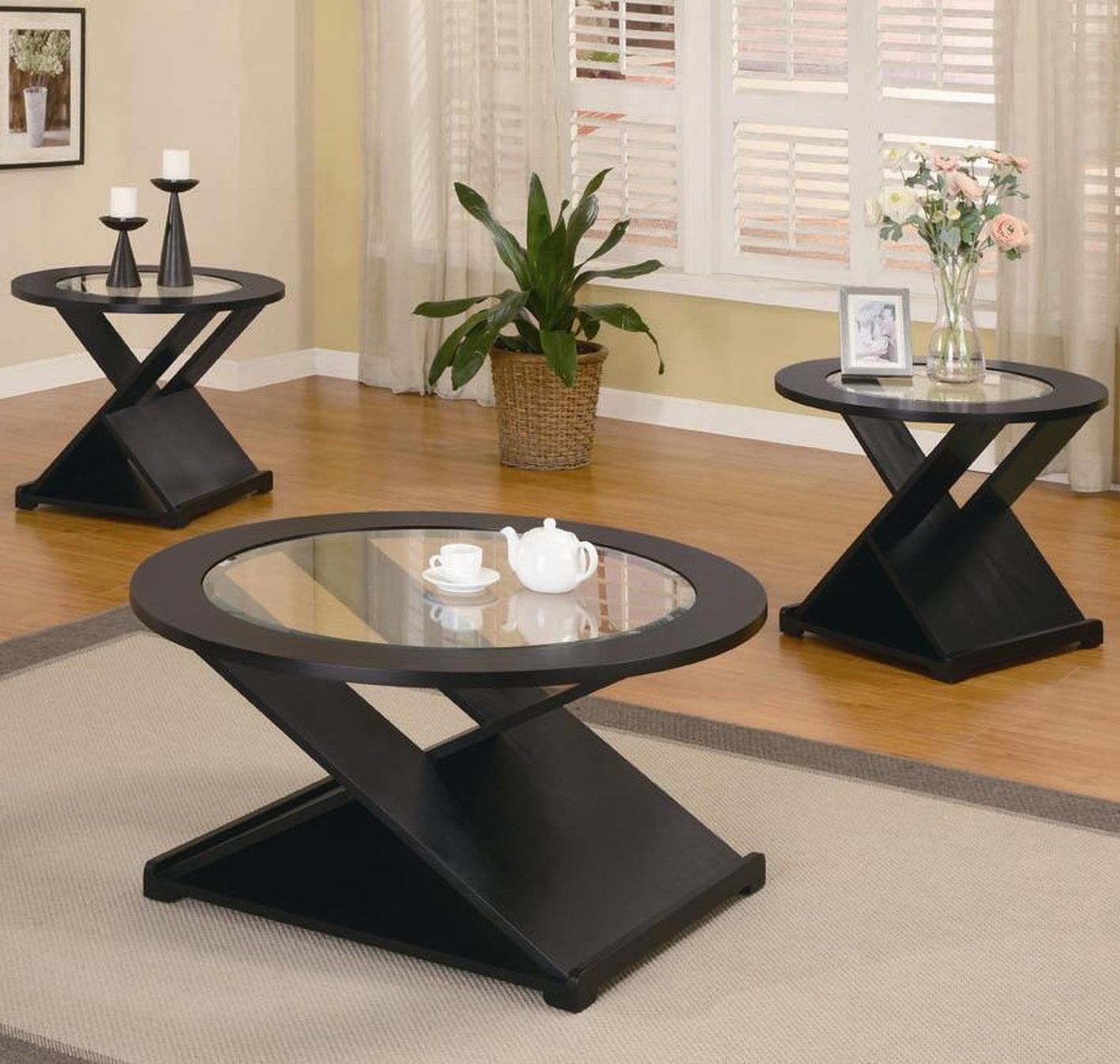 Newest Black Round Glass Top Cocktail Tables With Black Wood Coffee Table Set – Steal A Sofa Furniture (Gallery 11 of 20)