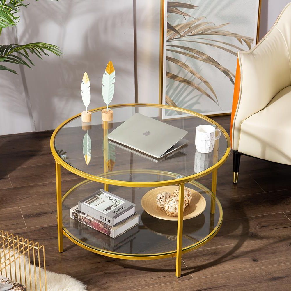 Newest Geometric Glass Top Gold Coffee Tables Pertaining To Home Office Glass Coffee Table Round W/ Shelf Leg Living (Gallery 5 of 20)