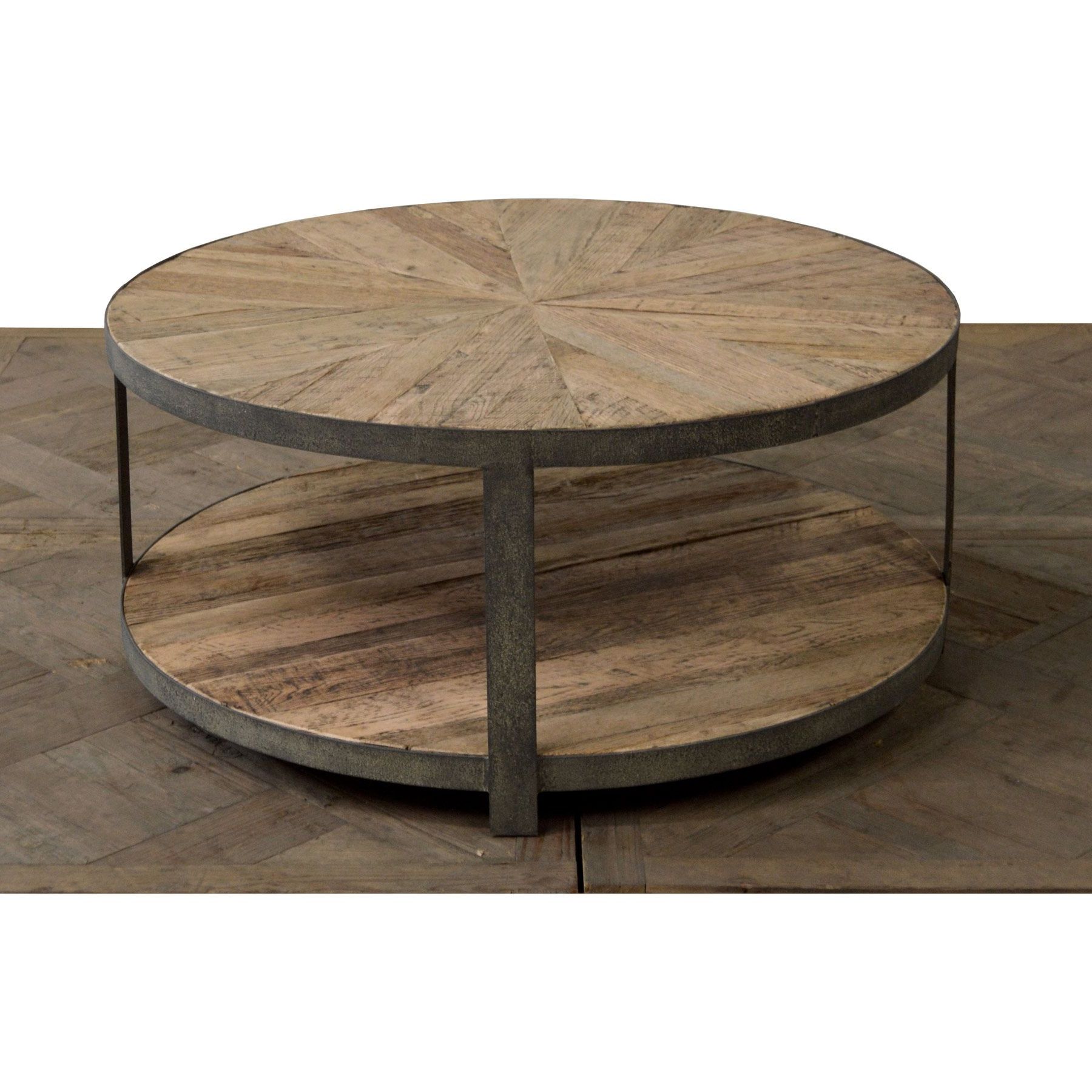Newest Round Iron Coffee Tables For Cayden Rustic Lodge Brown Oak Iron Base Round Coffee Table (View 18 of 20)