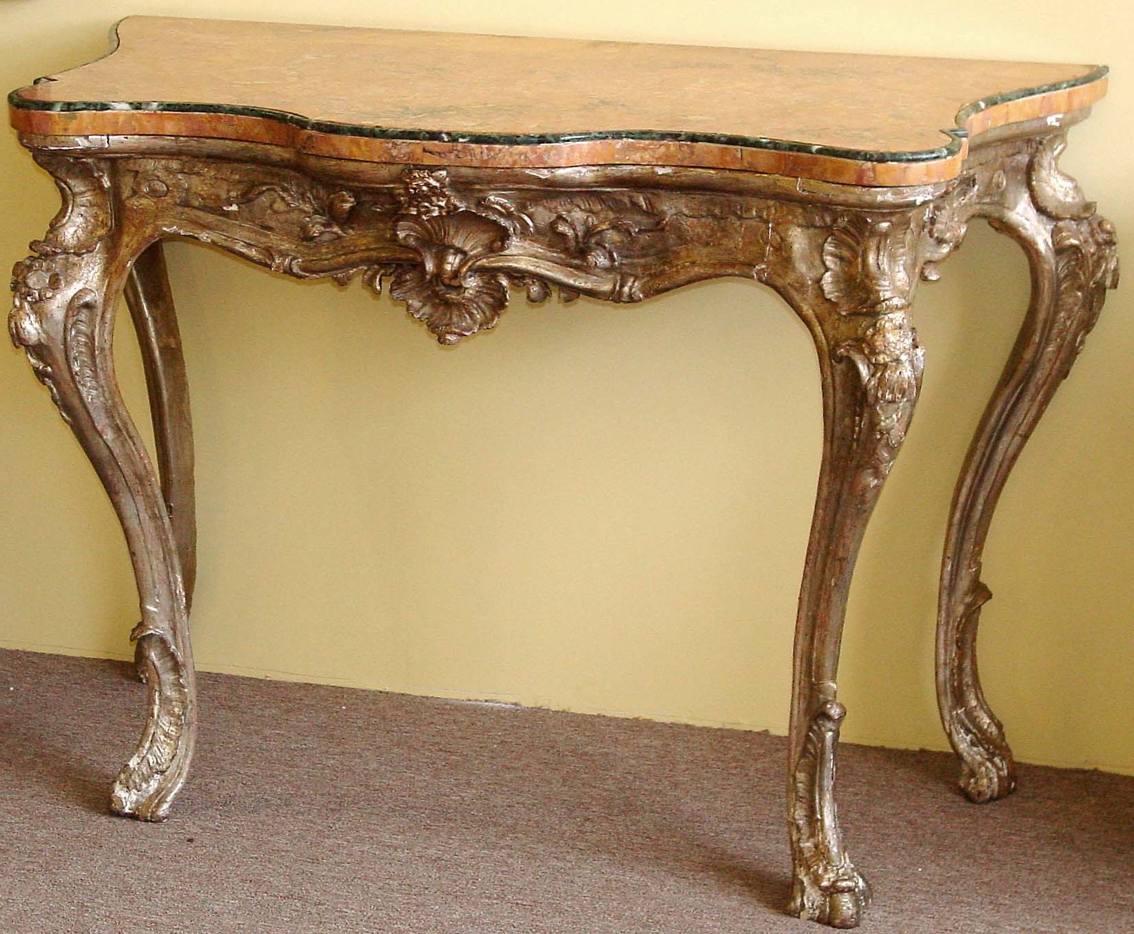 Northern Italian, Rococo Period, Silver Leaf Console Table For Popular Antiqued Gold Leaf Coffee Tables (Gallery 14 of 20)