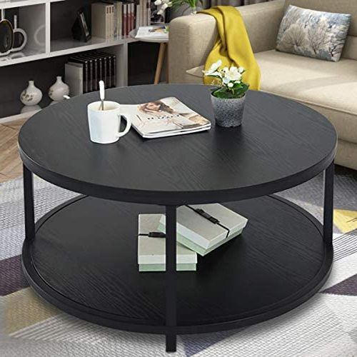 Nsdirect 36" Round Coffee Table, Rustic Wooden Surface Top Pertaining To Trendy Metal Legs And Oak Top Round Coffee Tables (View 3 of 20)