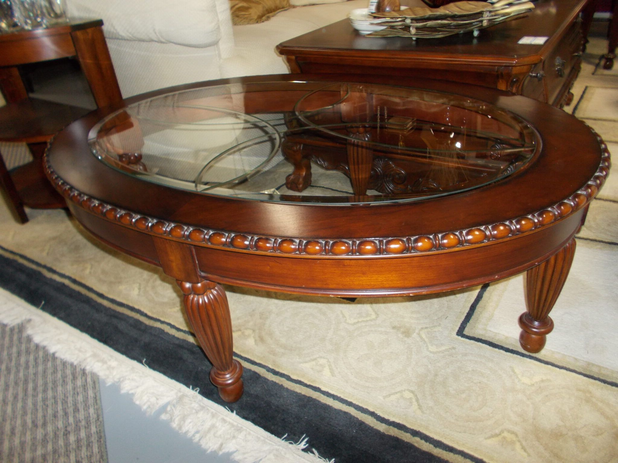 Oval Wood Coffee Table With Etched Glass Insert; 46" X 32 Regarding Preferred Espresso Wood And Glass Top Coffee Tables (Gallery 1 of 20)