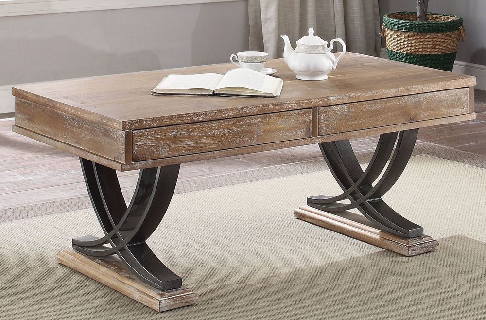 Pellio Antique Oak Wood/black Metal Coffee Table W/2 For Best And Newest Metal And Mission Oak Coffee Tables (View 3 of 20)