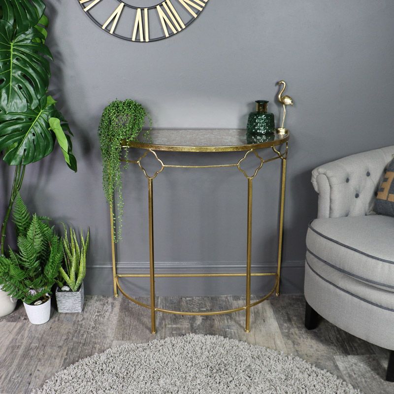 Popular Antique Gold Aluminum Coffee Tables Throughout Antique Gold Metal Demi Lune Hall Table (View 3 of 20)