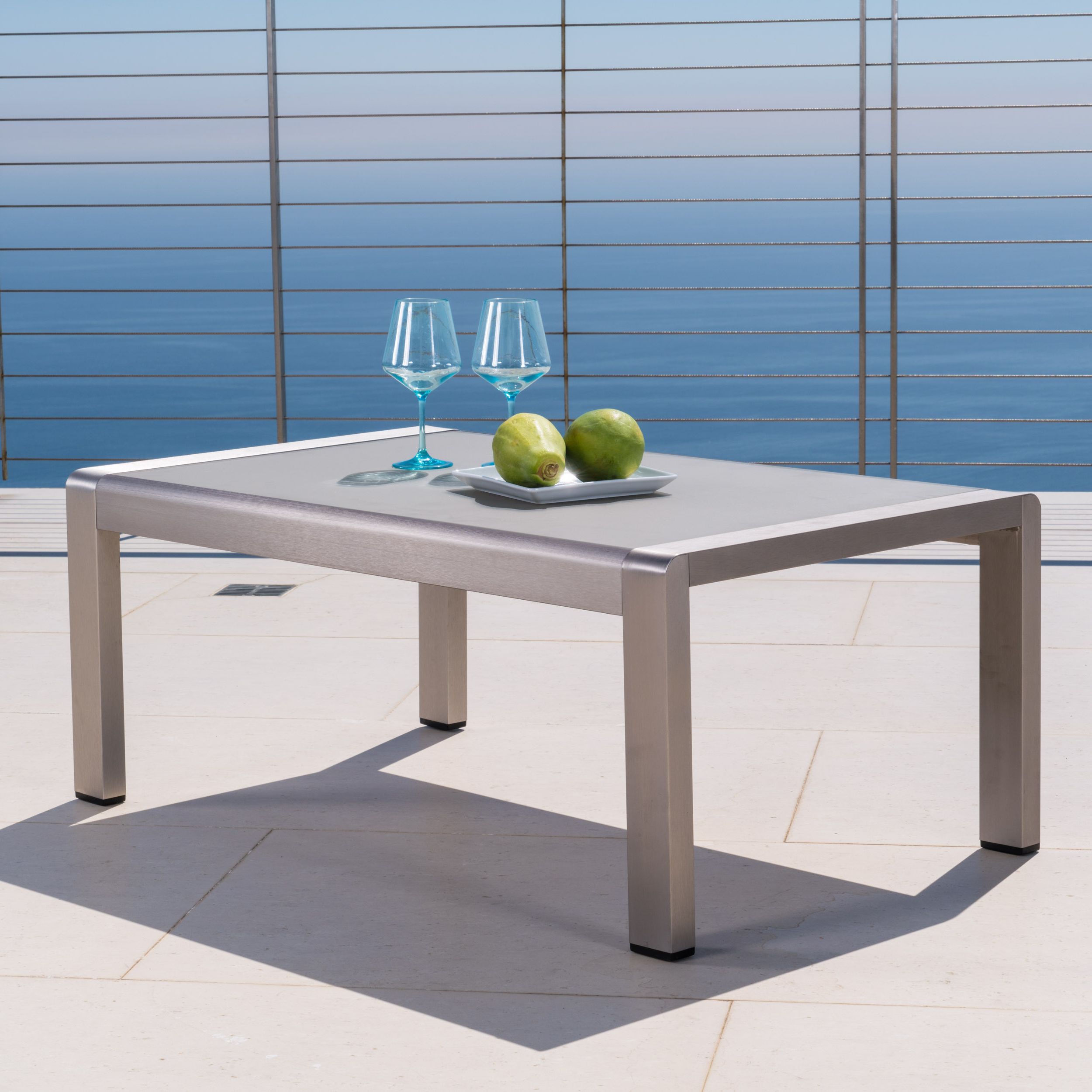 Popular Silver Coffee Tables With Regard To Miller Outdoor Aluminum Coffee Table With Glass Top (View 11 of 20)