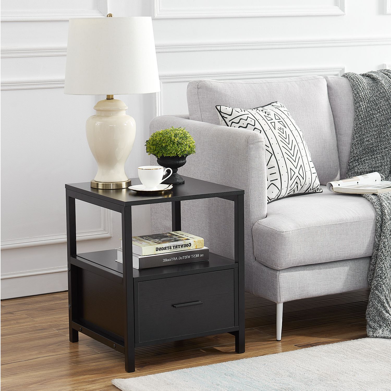 Popular Square Modern Accent Tables Intended For Vecelo Modern End Table With 1 Drawer And Shelf Black (View 3 of 20)